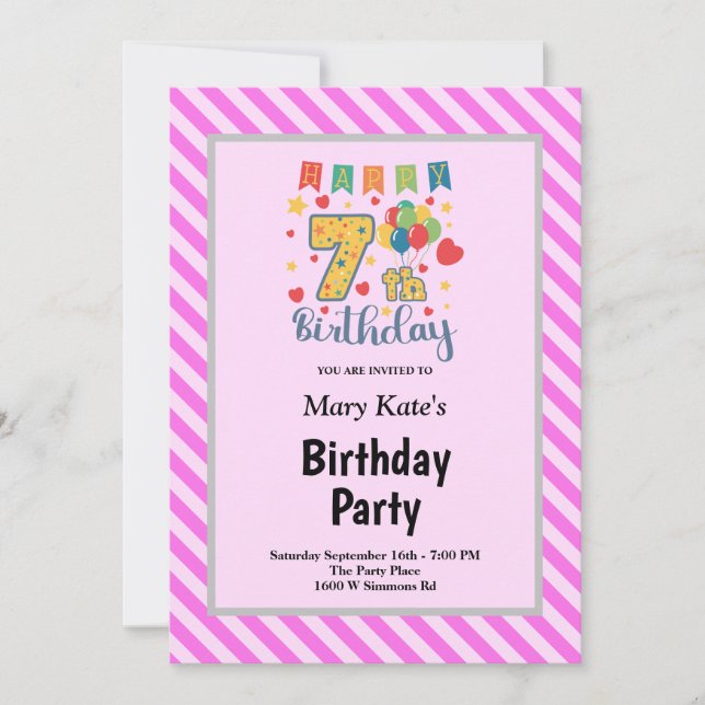Pink Stripes Framed 7th Birthday Party Invitation (Front)