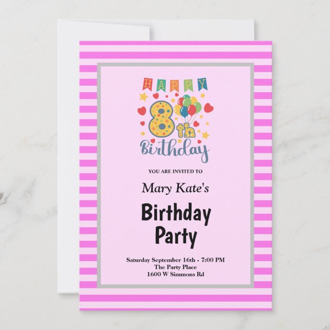 Pink Stripes Framed 8th Birthday Party Invitation (Front)