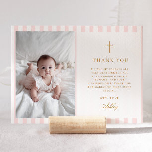 Pink Stripes Girl Baptism Thank You Card