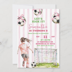 Pink Stripes Girl Soccer Let's Kick It Birthday Invitation