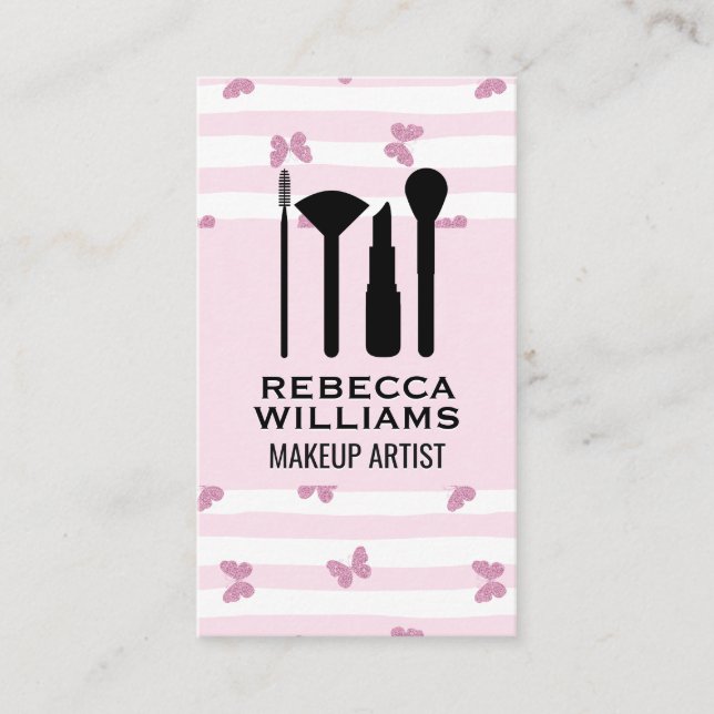 Pink Stripes | Glitter Butterflies | Makeup Set Business Card (Front)