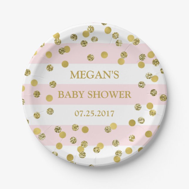 Pink Stripes Gold Confetti Baby Shower Plate (Front)