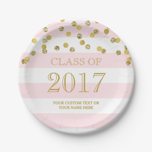 Pink Stripes Gold Confetti Graduation 2017 Paper Plate (Front)