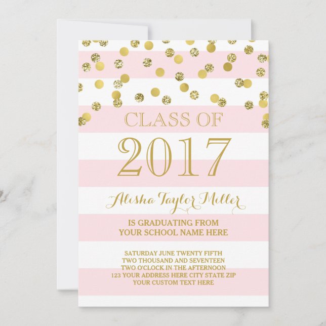 Pink Stripes Gold Confetti Photo 2017 Graduation Invitation (Front)