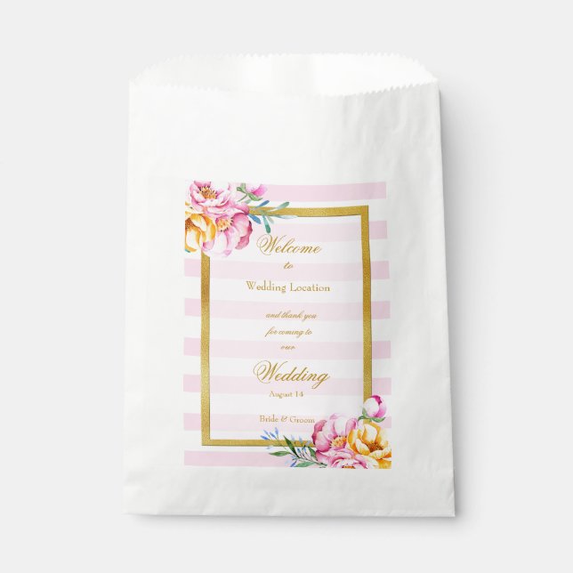 Pink Stripes Gold Frame Flower Wedding Favour Bag (Front)