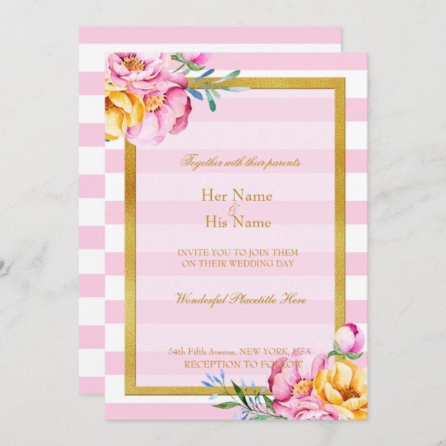 Pink Stripes Gold Frame Flower Wedding Invitation (Front/Back)