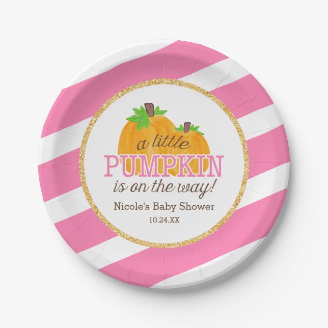 Pink Stripes Gold Little Pumpkin Fall Baby Shower Paper Plate (Front)