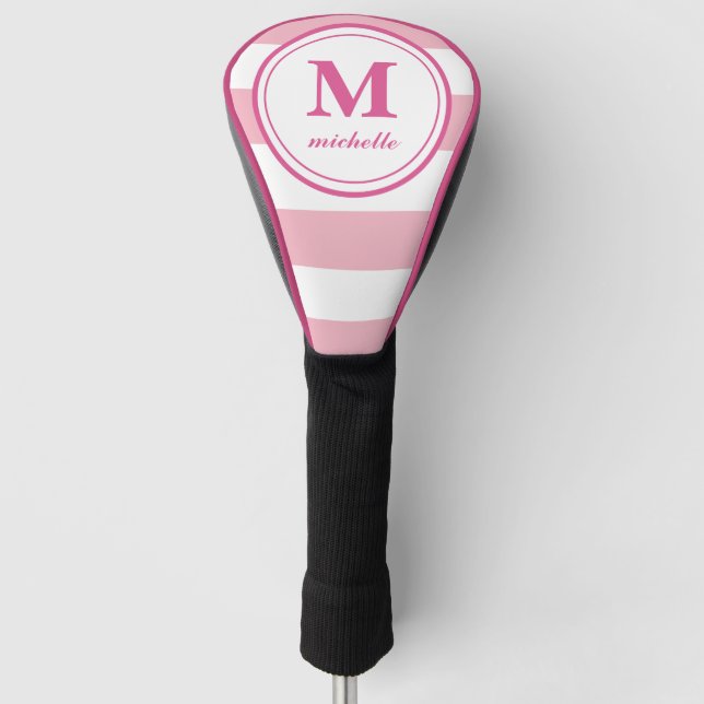 Pink stripes  | Golf | personalised NAME monogram Golf Head Cover (Front)