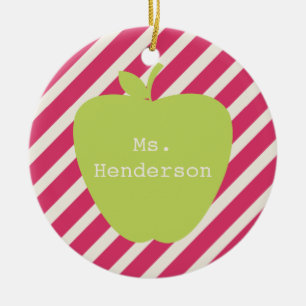 Pink Stripes & Green Apple Teacher Ceramic Ornament