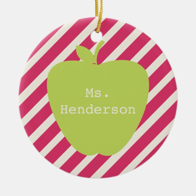 Pink Stripes & Green Apple Teacher Ceramic Ornament (Front)
