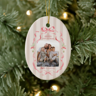 Pink Stripes Greenery Coquette Bow Wreath Photo Ceramic Ornament