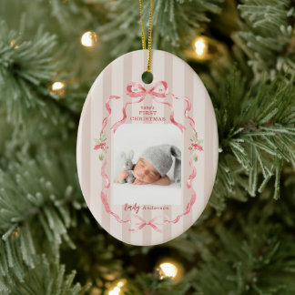 Pink Stripes Greenery Coquette Bow Wreath Photo Ceramic Ornament