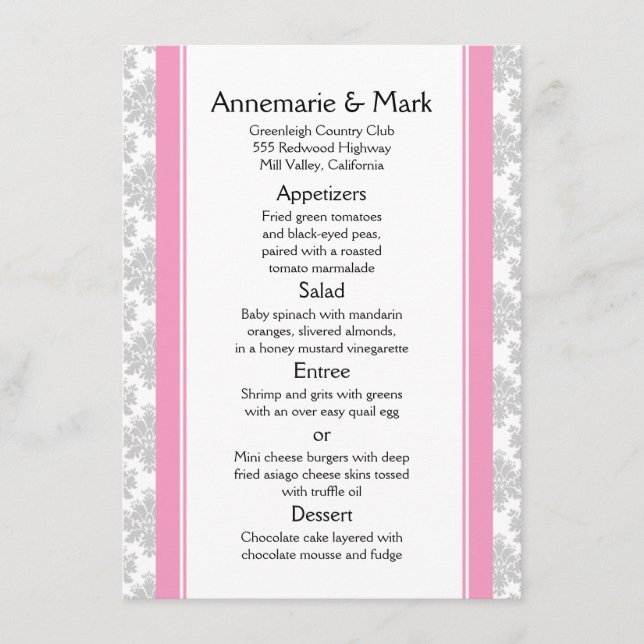 Pink Stripes Grey Damask Wedding Menu (Front)