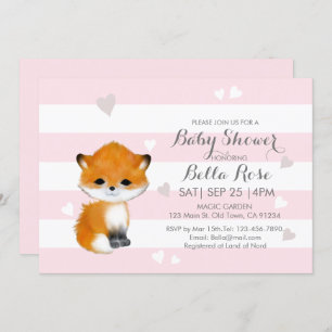 Pink Stripes  Heart Fox Baby Shower Invitation