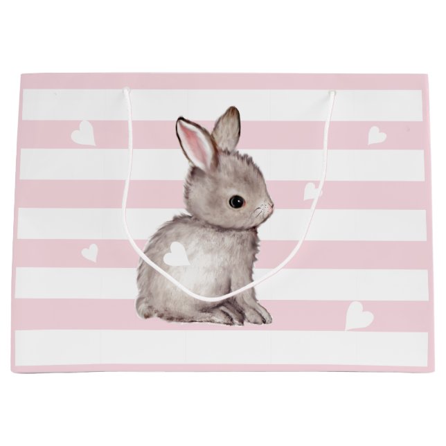 Pink Stripes Heart Grey Bunny Gift Bag (Front)