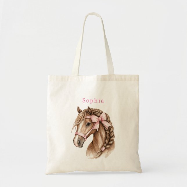 Pink Stripes Horse Bow Tote Bag (Front)