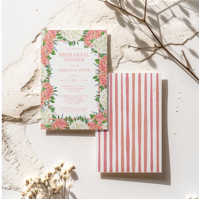 Pink Stripes Hydrangeas Wedding Rehearsal Dinner Invitation (Front / Back)