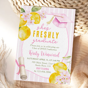 Pink Stripes Lemons and Flowers Graduation Invitation