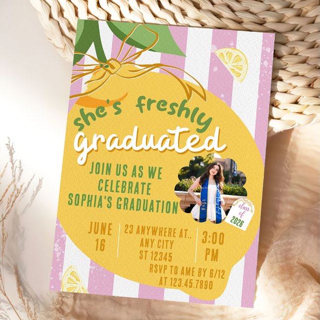 Pink Stripes Lemons Photo Graduation Invitat Invitation (Creator Uploaded)