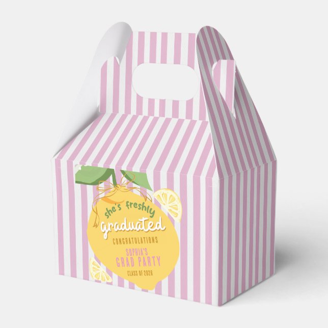 Pink Stripes Lemons Yellow Bow Graduation Favour Box (Front Side)