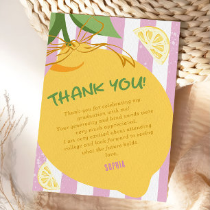 Pink Stripes Lemons yellow Bow Graduation Thank You Card