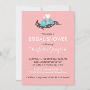 Pink Stripes Lovebirds Bridal Shower Invitation