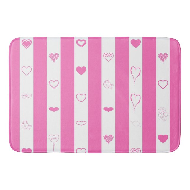 Pink Stripes Modern Heart Pattern Bath Mat (Front)