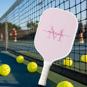 Pink Stripes Monogram Name Pickleball Paddle