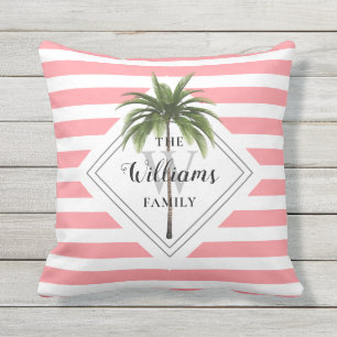 Pink Stripes Monogram Name Tropical Outdoor Cushion
