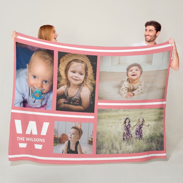 Pink Stripes Multiple Photos Custom Monogram Fleece Blanket (In Situ)