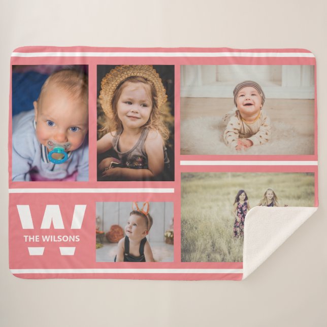 Pink Stripes Multiple Photos Custom Monogram Sherpa Blanket (Front (Horizontal))