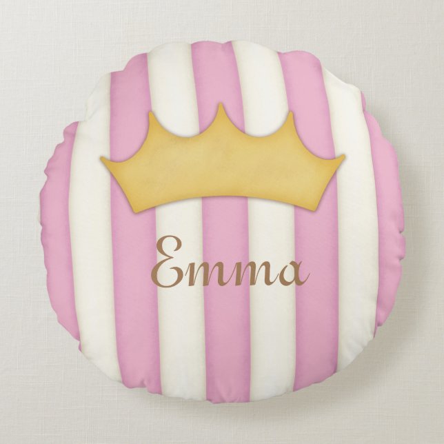 Pink Stripes Name Personalised Crowned Princess Round Cushion (Front)