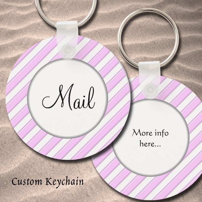 Pink Stripes on White Editable Front & Back Mail Key Ring (Pink and white stripes custom keychain)