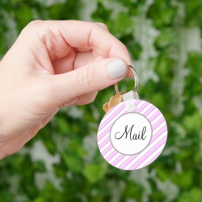 Pink Stripes on White Editable Mail Key Keychain (Hand)