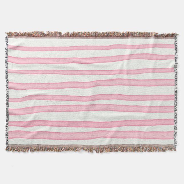 Pink stripes on white throw blanket (Front)