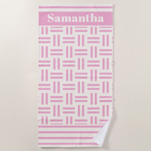 Pink Stripes Pattern Monogram Name Beach Towel