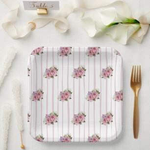 Pink stripes peony hydrangea baby's breath floral paper plate