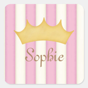 Pink Stripes Personalised Name Princess Crown Square Sticker