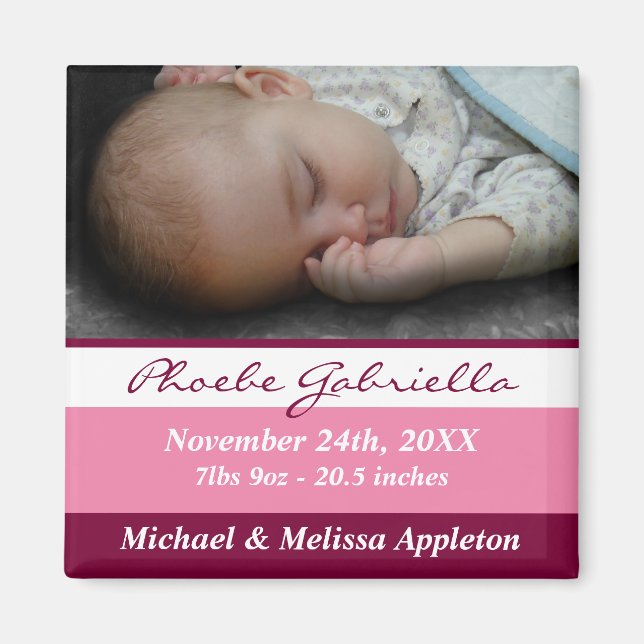 Pink Stripes Photo Birth Announcement Magnet (Front)