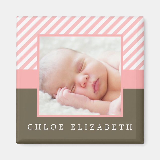 Pink Stripes Photo Frame Magnet (Front)