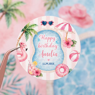 Pink Stripes Pool Party Girl Birthday Classic Round Sticker