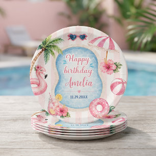 Pink Stripes Pool Party Girl Birthday Paper Plates