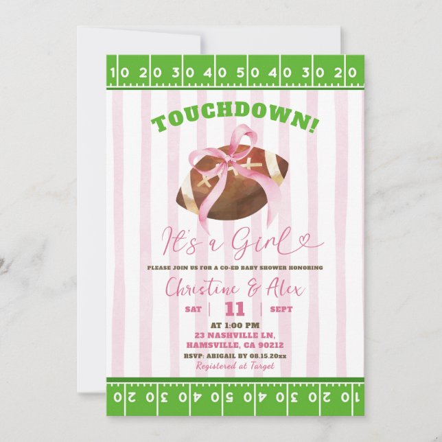 Pink Stripes Quirky Touchdown Girl Baby Shower Invitation (Front)