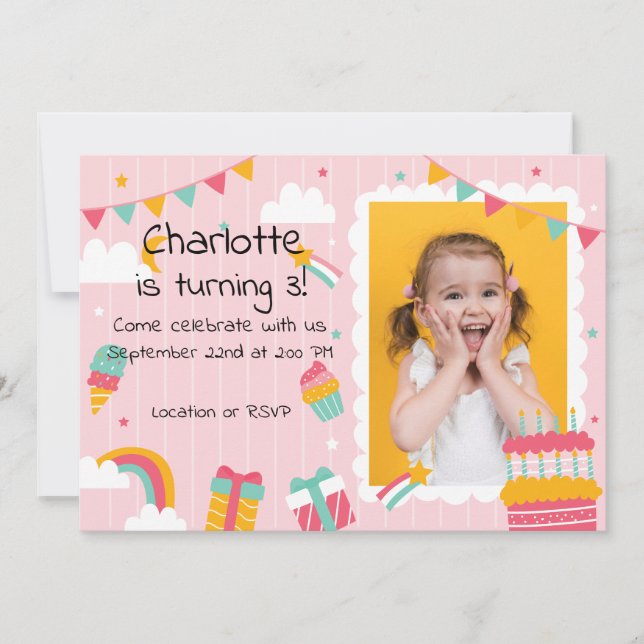 Pink Stripes Rainbows and Cake Birthday Invitation (Front)