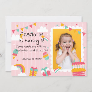 Pink Stripes Rainbows and Cake Birthday Invitation
