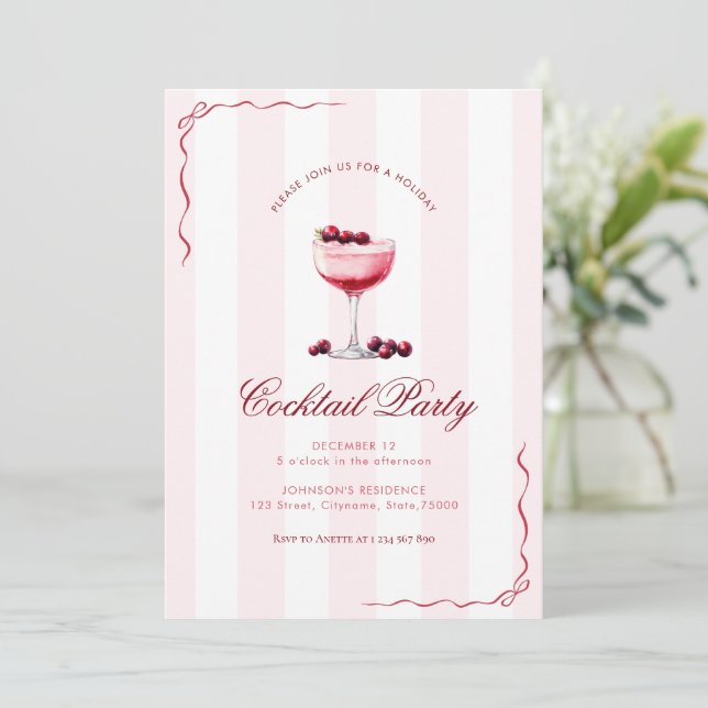 Pink Stripes & Red Bows Holiday Cocktail Party Invitation (Standing Front)
