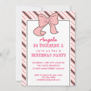 Pink Stripes Ribbon and Bow Birthday Invitation