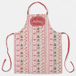 Pink Stripes Santa Christmas Bows Trees and Lights Apron