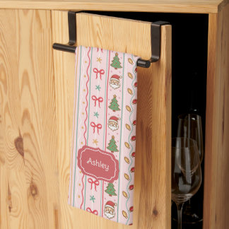 Pink Stripes Santa Christmas Bows Trees and Lights Tea Towel