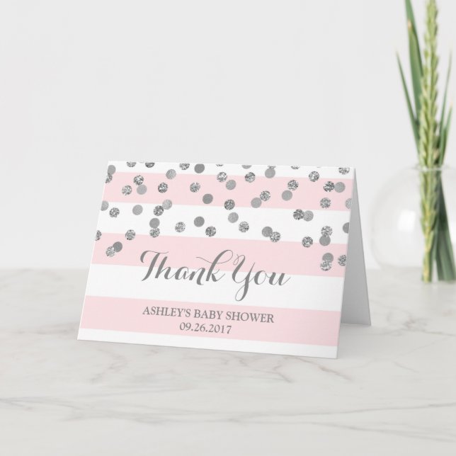 Pink Stripes Silver Confetti Baby Shower Thanks Thank You Card (Front)